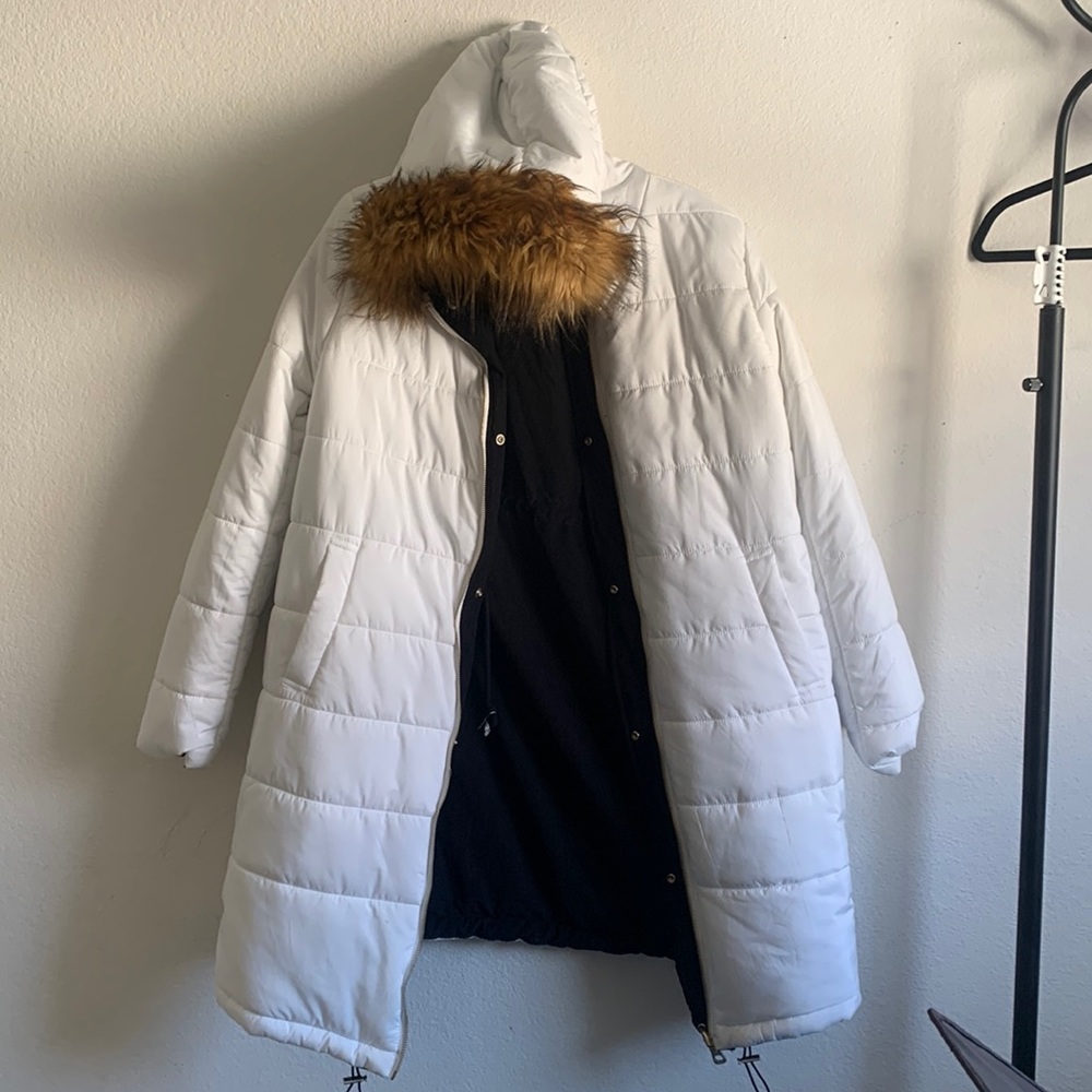 Reversible puffer winter coat with fur hood